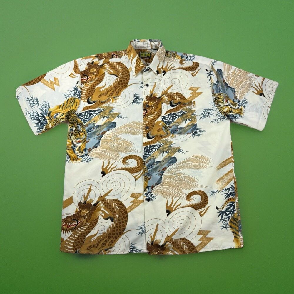 VTG Billion Bay Shirt Men's L Tiger Dragon All Over Print Short Sleeve Polyester